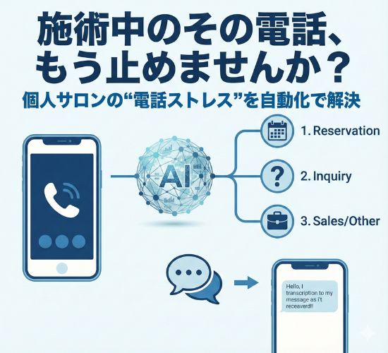 スマートフォンの着信をAIが「予約」「問い合わせ」「営業」に自動で振り分け、内容をテキストで通知する仕組みの図解