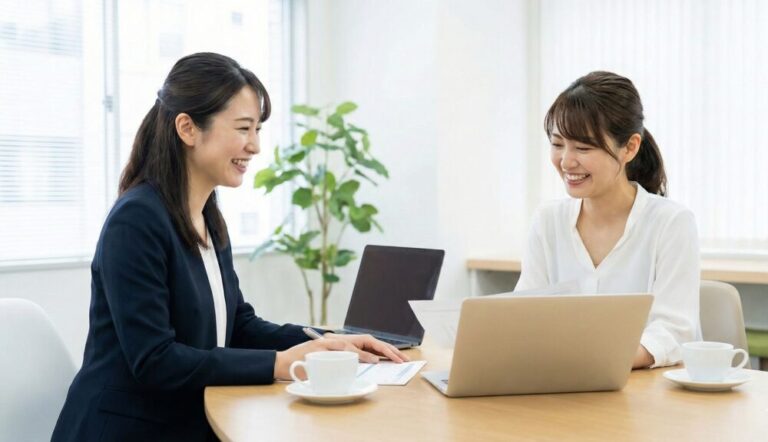 女性税理士とマンツーマンで笑顔で税金相談をするサロンオーナー