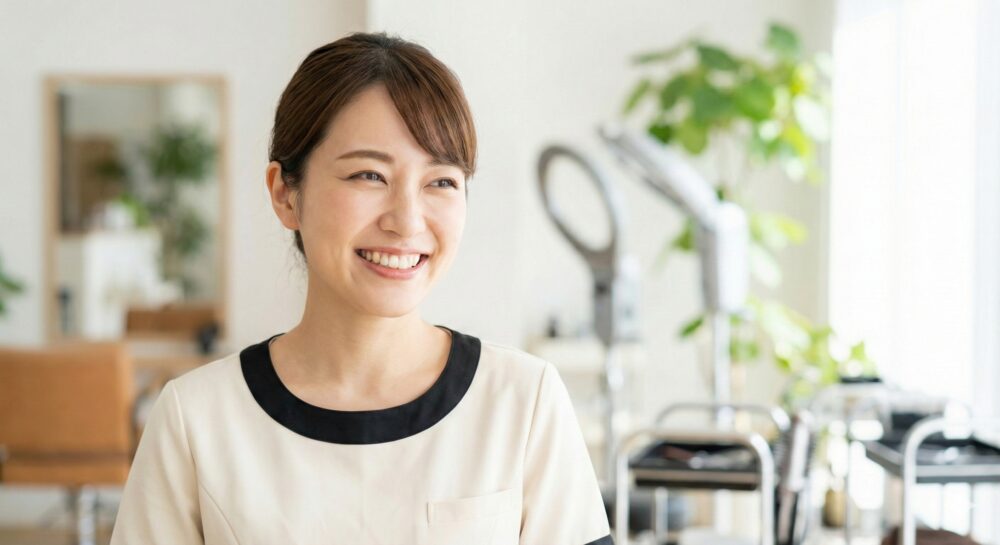 税務の負担から解放されてリラックスした笑顔の日本人サロンスタッフ