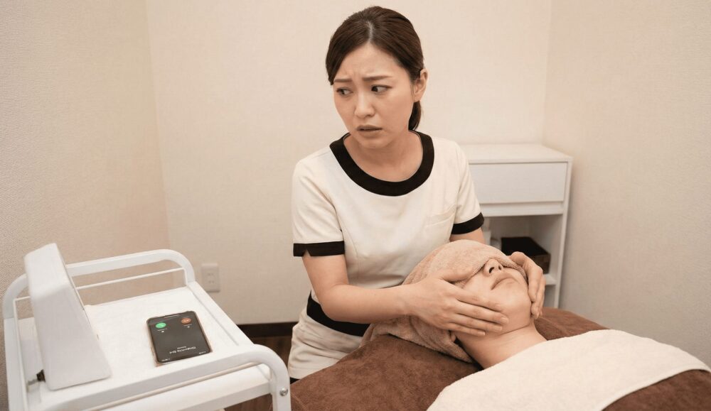 フェイシャル施術中に鳴る電話の着信に困惑し、焦るエステサロンの女性オーナー