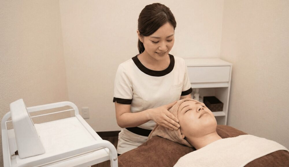 電話のストレスから解放され、穏やかな笑顔でヘッドスパ施術に集中する個人サロンのオーナーとリラックスするお客様