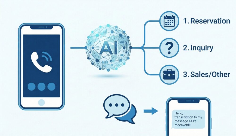 スマートフォンの着信をAIが「予約」「問い合わせ」「営業」に自動で振り分け、内容をテキストで通知する仕組みの図解